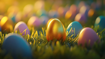 A golden Easter egg standing out among pastel-colored eggs in a lush green meadow.の素材