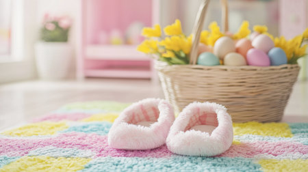 A pair of bunny slippers placed on a pastel rug beside a basket of eggs.の素材