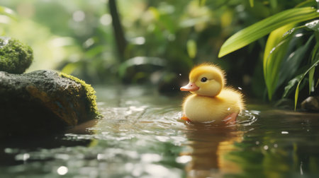 A playful duckling sliding down a gentle stream, carried by the soft current.の素材