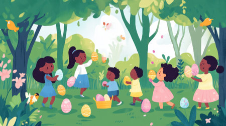 A picturesque Easter egg hunt scene in a lush garden with children searching excitedly.の素材