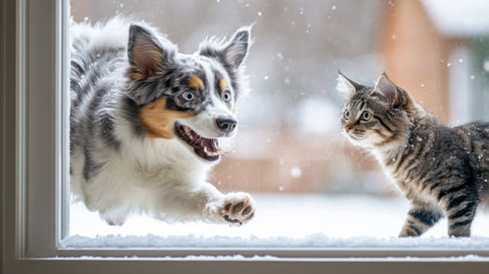 A playful dog running through the snow while a curious cat watches from a warm window.の素材
