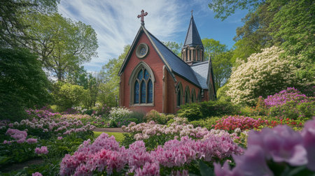 A picturesque church surrounded by blooming flowers on Easter morning.の素材