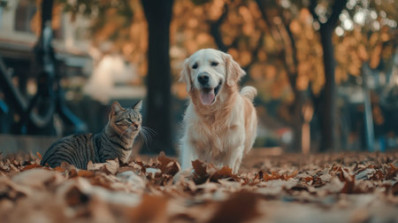 A playful golden retriever frolicking in a pile of leaves while a curious tabby cat watches nearby.の素材