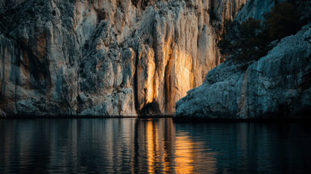 A serene shot of the Gorges du Verdon at sunset, with soft hues reflecting on the water and casting shadows on the cliffs.の素材