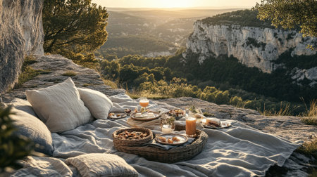 A romantic picnic setup on the cliffs overlooking the Gorges du Verdon, with stunning valley views in the background.の素材