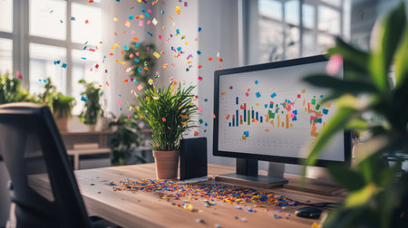 A professional meeting setup with confetti and a projector displaying vibrant graphs showing recent successes.の素材