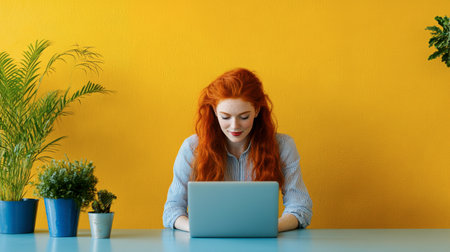 A red-haired woman typing on her laptop in a modern coworking space with bold yellow walls and bright blue accents.の素材