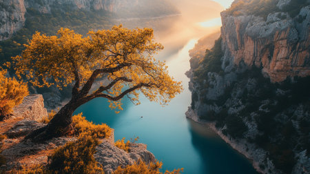 A quiet morning in the Gorges du Verdon, with mist rising from the river and soft light illuminating the canyon.の素材