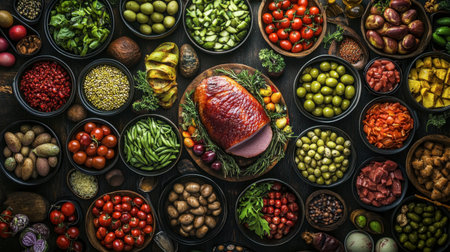 A rustic table setup with an Easter ham centerpiece surrounded by side dishes.の素材