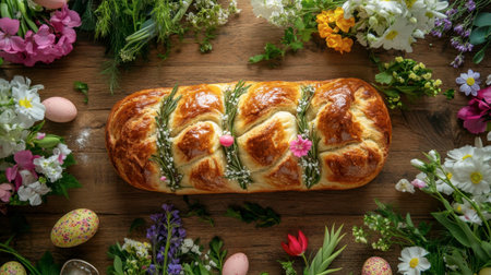 A rustic wooden table with a freshly baked Easter bread loaf surrounded by flowers.の素材