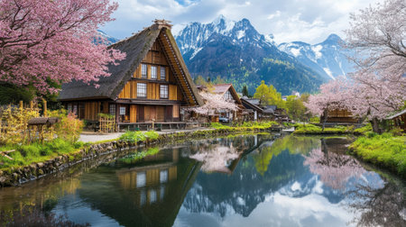A serene view of Ouchi-juku village with its iconic architecture, framed by cherry blossoms in full bloom.の素材