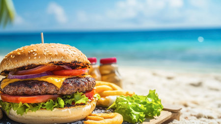 A sizzling spicy cheeseburger with grilled patties and fresh toppings, surrounded by beach essentials on a sandy shore.の素材