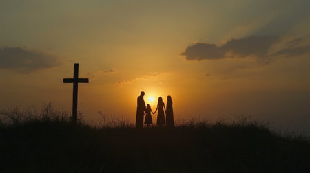 A silhouette of a family holding hands at sunrise, symbolizing togetherness during Easter.の素材