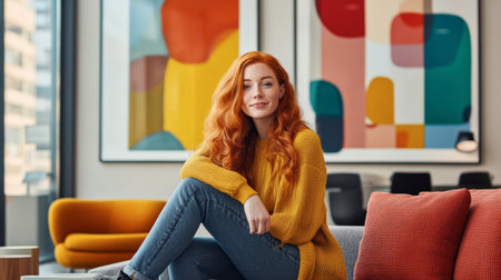 A tech-savvy red-haired woman in a cheerful coworking space filled with colorful accents, working productively.の素材