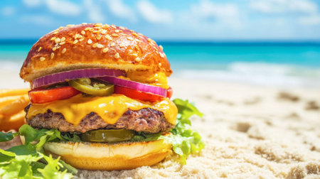 A spicy cheeseburger with melted cheese, fresh vegetables, and jalapenos served on a sunny beach backdrop with ocean waves.の素材