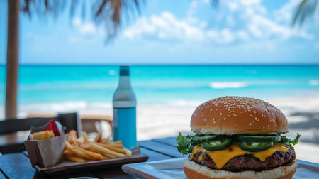 A spicy cheeseburger with sesame seed buns, fresh vegetables, and jalapeno slices on a table overlooking the beach.の素材
