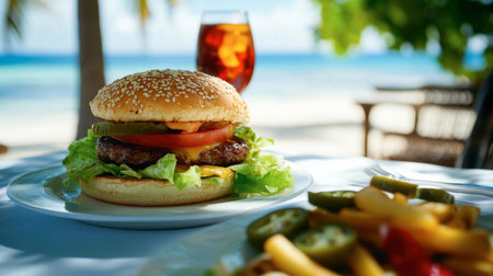 A spicy cheeseburger with sesame seed buns, fresh vegetables, and jalapeno slices on a table overlooking the beach.の素材