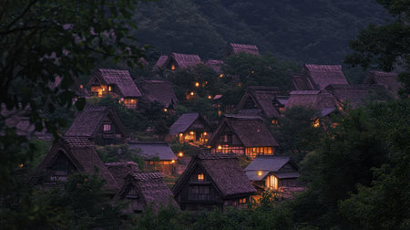 A tranquil view of Ouchi-juku village at sunrise, the soft light highlighting the traditional thatched roofs.の素材