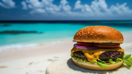 A spicy cheeseburger with melted cheese, fresh vegetables, and jalapenos served on a sunny beach backdrop with ocean waves.の素材