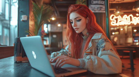 A stylish coworking office with a red-haired woman typing on her laptop, radiating positivity and creativity.の素材