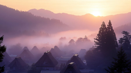 A tranquil view of Ouchi-juku village at sunrise, the soft light highlighting the traditional thatched roofs.の素材