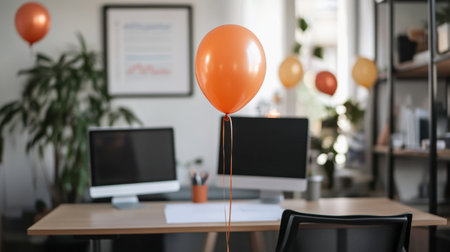 A workspace celebrating a successful quarter with printed charts and balloons in the background.の素材