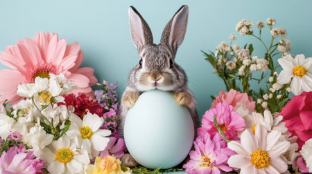 A whimsical scene with a bunny peeking out of an Easter egg amidst flowers.の素材