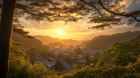 Ouchi-jukus picturesque scenery captured at sunset, the golden hues accentuating the historic charm.の素材