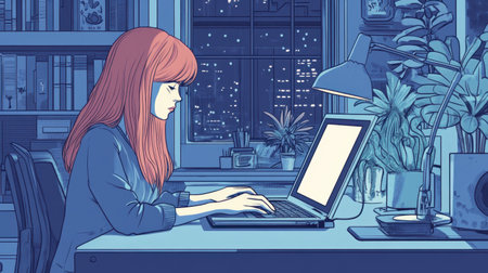 A stylish coworking space with a red-haired woman typing on her laptop, reflecting creativity and productivity.の素材