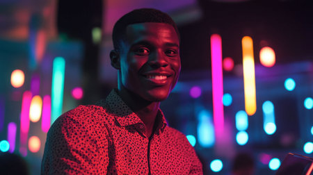 A vibrant bar graph displayed on a tablet screen held by a smiling entrepreneur at a celebratory event.の素材