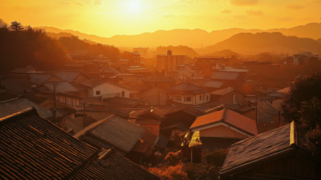 Ouchi-jukus picturesque scenery captured at sunset, the golden hues accentuating the historic charm.の素材