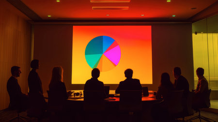 A vibrant pie chart on a presentation slide, surrounded by a jubilant team in a professional meeting space.の素材