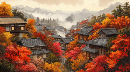 Ouchi-juku's traditional straw-roofed houses framed by autumn foliage, creating a picturesque and historic scene.の素材