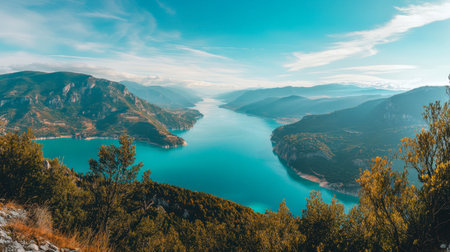A wide shot of the Gorges du Verdon valley, capturing its iconic turquoise waters and contrasting rocky cliffs.の素材
