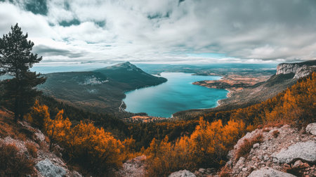 A wide-angle view of the Gorges du Verdon showcasing its expansive canyon, vibrant water, and surrounding wilderness.の素材