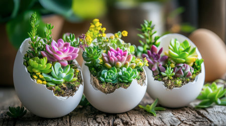 A creative Easter arrangement with succulents planted in hollowed-out eggshells.の素材