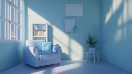 A pastel living room featuring a lavender armchair, baby blue throw pillows, and a small white bookshelf.の素材