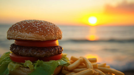 A gourmet spicy cheeseburger with crisp lettuce, juicy tomatoes, and a side of fries, set against a vibrant beach sunset.の素材