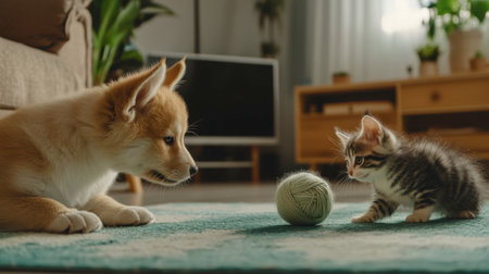 A fluffy puppy and a mischievous kitten playing with a ball of yarn in a cozy living room.の素材
