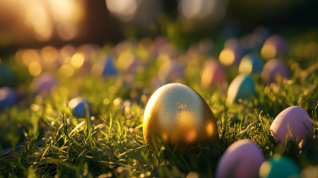 A golden Easter egg standing out among pastel-colored eggs in a lush green meadow.の素材