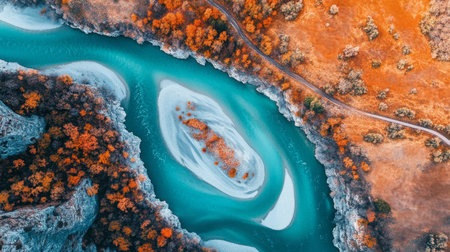 A drone view of the winding river in the Gorges du Verdon valley, with vibrant greenery and dramatic rock formations.の素材