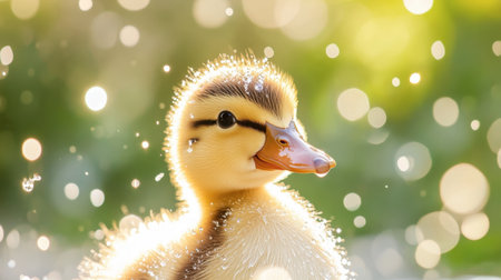 A close-up of a smiling duckling with water droplets glistening on its fluffy feathers.の素材