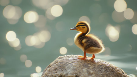 A duckling enjoying a sunny day, standing on a large rock by a shimmering water body.の素材