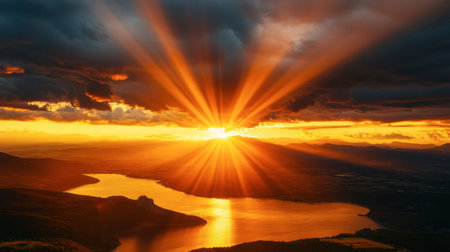 A dramatic sunset over the Gorges du Verdon, with golden light casting long shadows across the valley.の素材