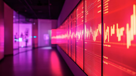 A wall display of financial charts illuminated by LED lights, setting the stage for a corporate celebration.の素材