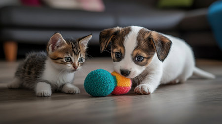 A playful puppy tugging on a chew toy while a curious kitten looks on with interest.の素材