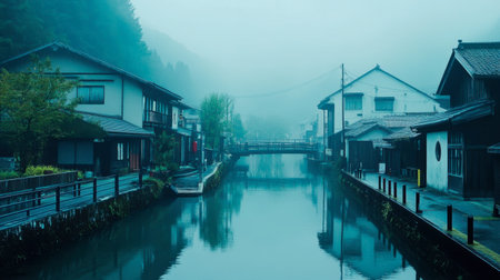 The tranquil beauty of Ouchi-juku village on a foggy morning, enhancing its historic and timeless atmosphere.の素材