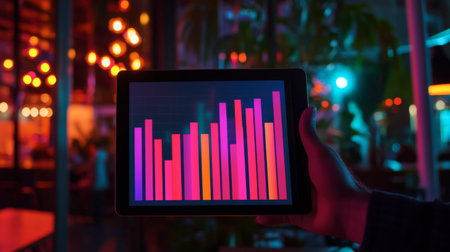 A vibrant bar graph displayed on a tablet screen held by a smiling entrepreneur at a celebratory event.の素材