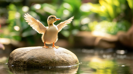 A duckling balancing on a rock in a pond with its wings stretched out.の素材