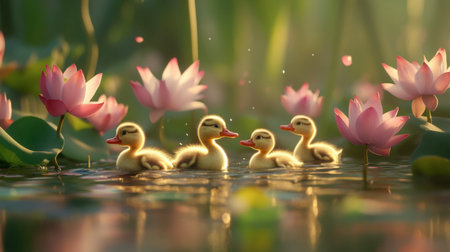A group of ducklings paddling in a small pond, surrounded by blooming lotus flowers.の素材